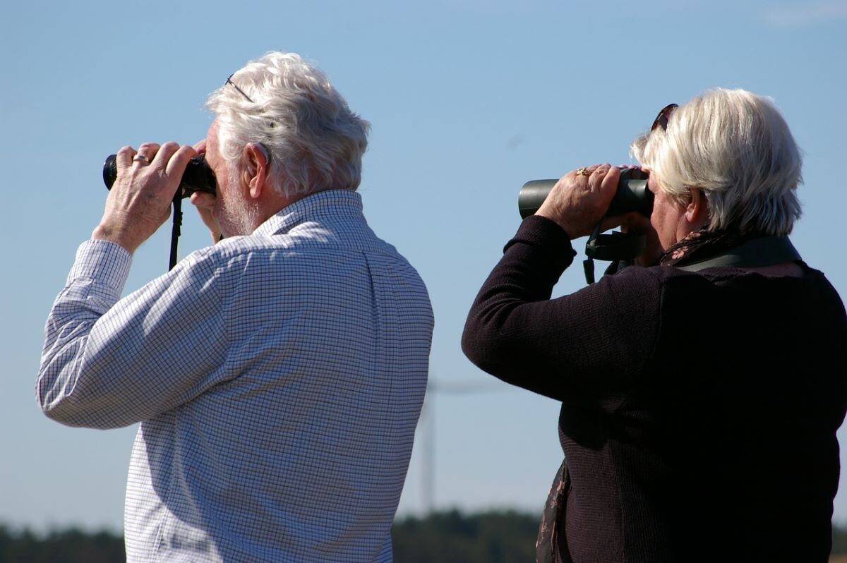 Two people using binoculars outside.