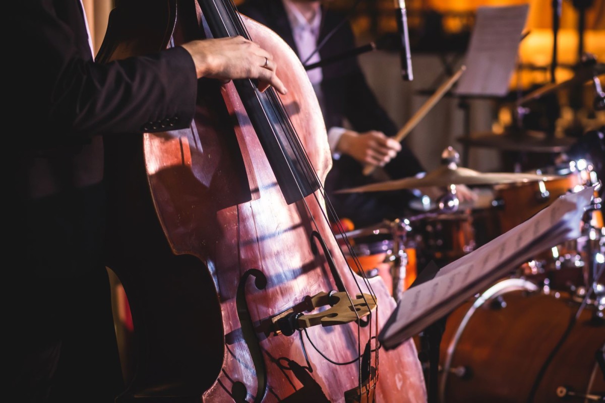 Upright bass and drumkit at jazz concert